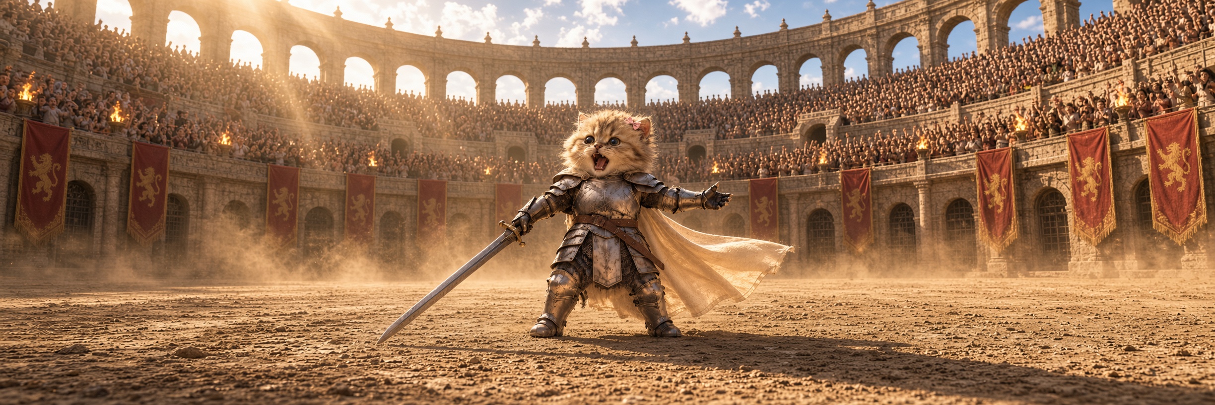 Kitten knight roaring in the colosseum